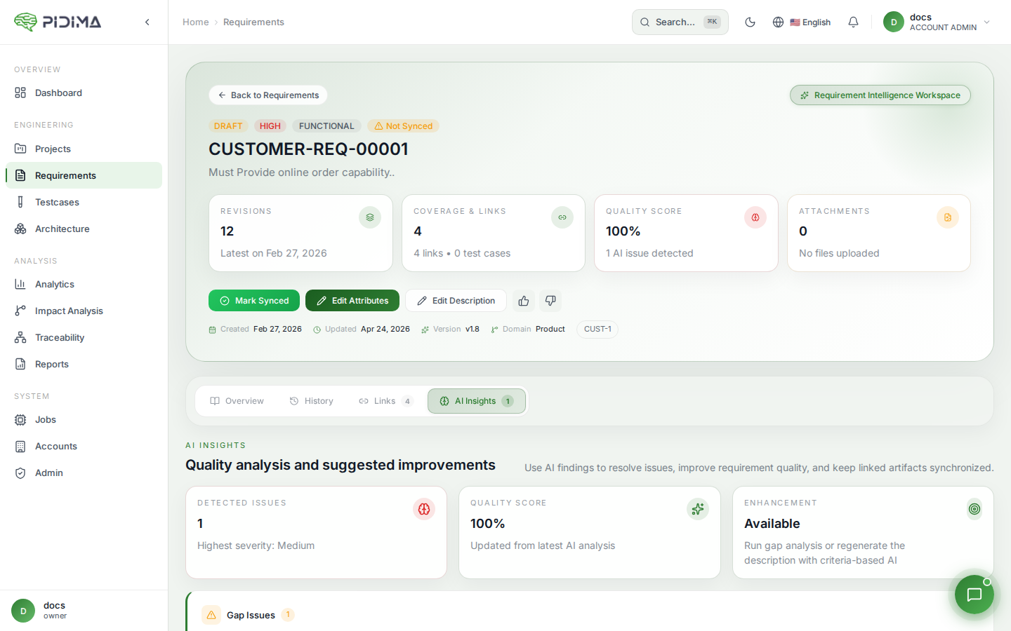 AI Chatbot Assistant providing intelligent requirement analysis in a sliding panel